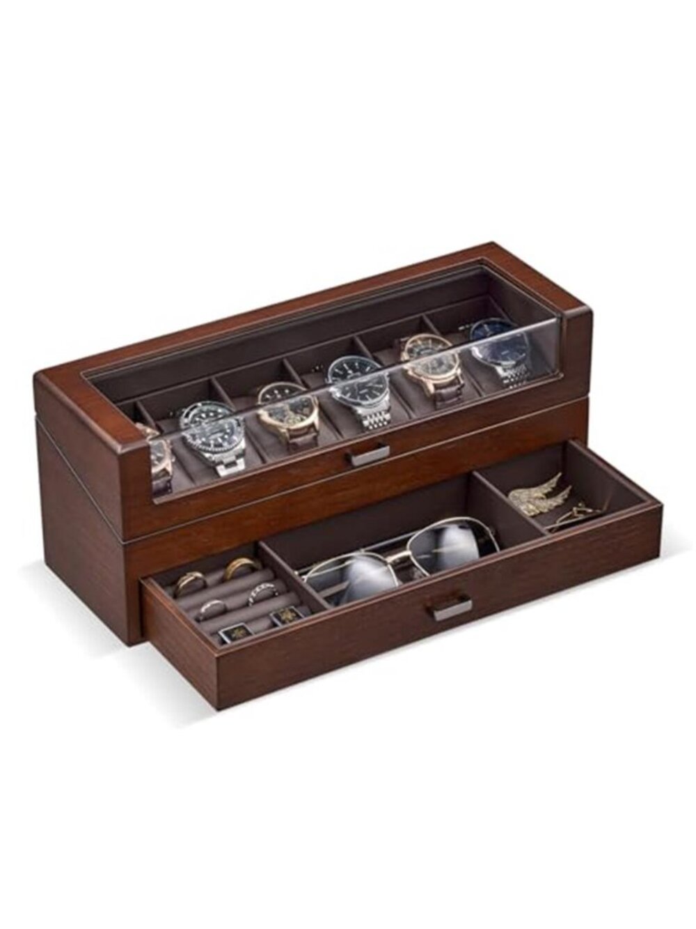 High End Wooden Watch Box for Men, 2-Layer Wood Watch Display Case